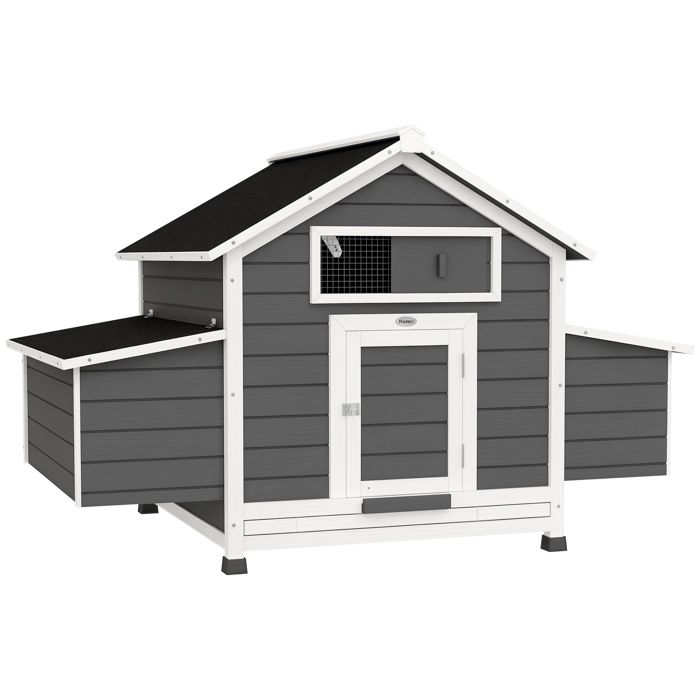 Poulailler - PawHut - pour 4 poules - pondoir toit imperméable ouvrable tiroir amovible - bois de sapin - 150x100x965cm - gris