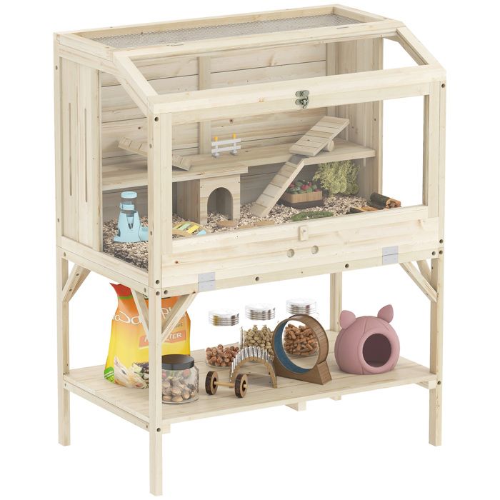 Cage hamster en bois - PawHut - 2 niveaux - étagère de rangement couvercle ouvrant plateau bascule rampe - bois naturel