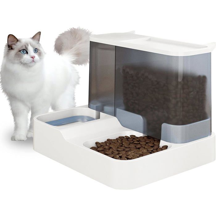 Distributeur Automatique de Nourriture et deau pour Chat et Petit Chiens 2 en 1 3.8 L Fontaine Mangeoirs et Abreuvoirs (Blanc)