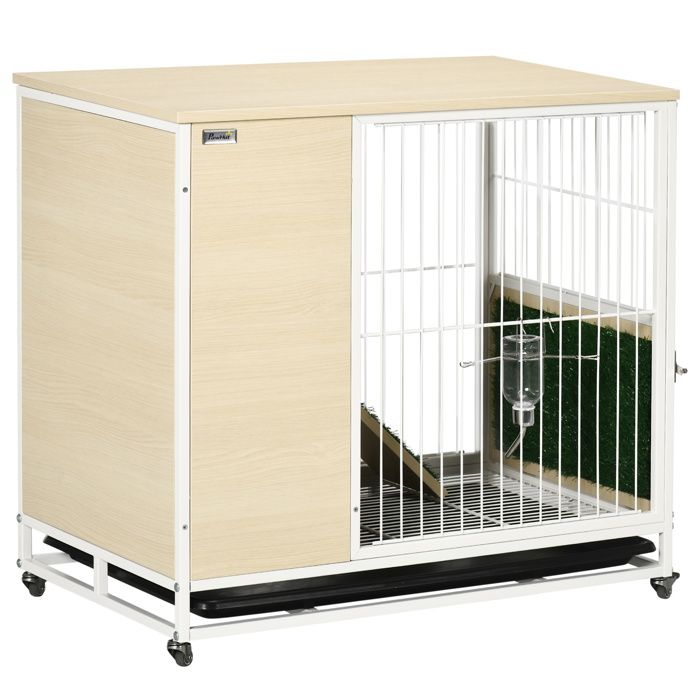 Cage à lapin - PawHut - sur roulettes - toit ouvrant plates-formes - avec plateau amovible - 78 x 525 x 765 cm - naturel