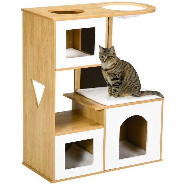 Arbre à chat PawHut Hauteur 925 cm Tour à chat Coussins lavables en bois Planche à gratter 76x37x925 cm Chêne