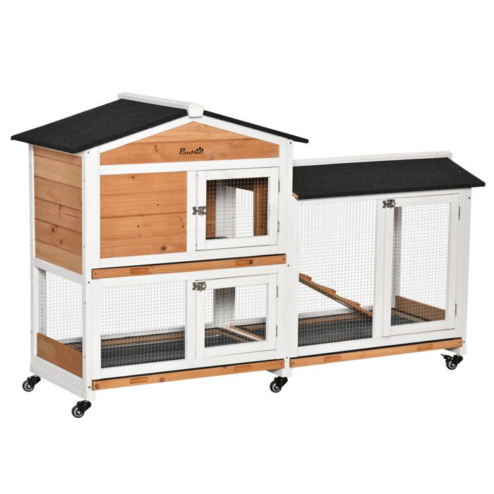 Clapier bois pour lapins - petit enclos animaux - PawHut - roulettes 2 étages 3 plateaux coulissants - bois - jaune