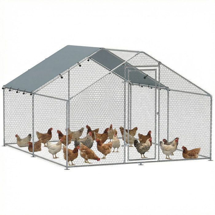 Poulailler - PawHut - porte verouillable - 10-15 poules - bâche imperméable et anti-UV - en acier galvanisé - 3x34x19m - argenté
