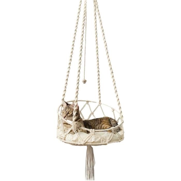 Hamac pour Chat - Suspendu au Plafond tissé - en macramé avec Coussin Amovible - Balançoire pour Chat Boho