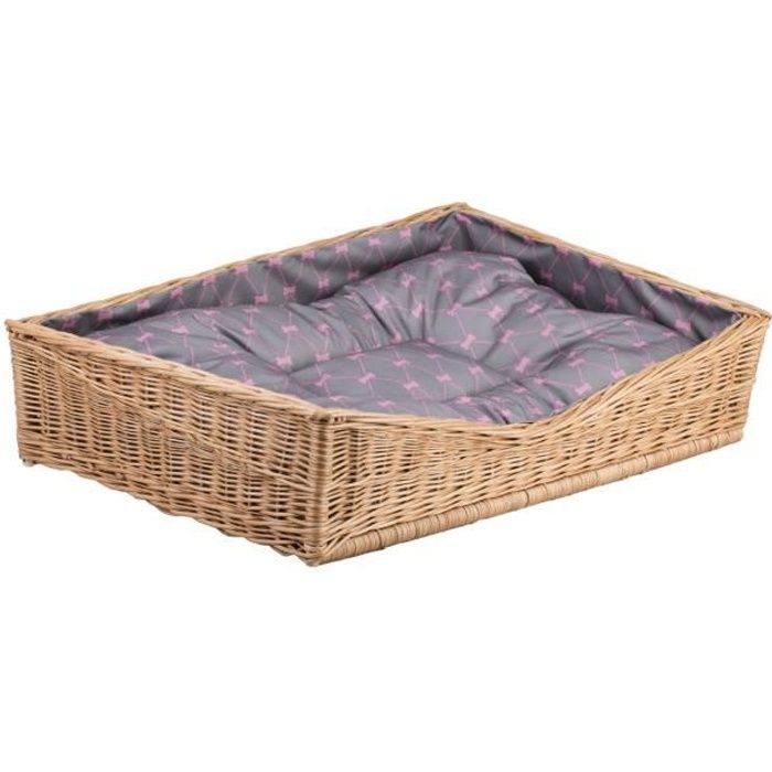 Corbeille pour chien rectangulaire en osier naturel avec coussin gris imprimé petits os roses