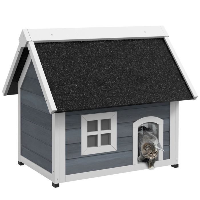 Maison pour chat en bois - PawHut - porte à lamelles - fenêtre en plexiglas - toit bitumé ouvrable - 3 portes - gris