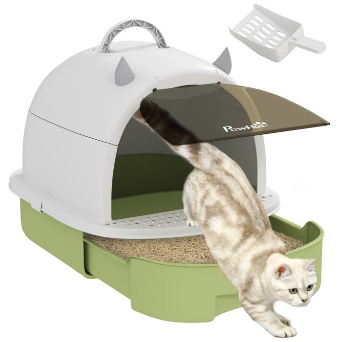 Bac à litière fermé chat - PawHut - 2 packs de filtres charbon - poignée de transport - porte translucide - nettoyage facile - vert