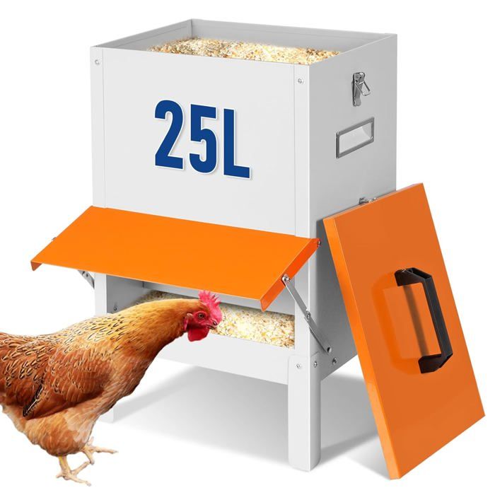 Mangeoire Poules Métal 50 lb Distributeur Volaille Suspendu avec Couvercle Sans Gaspillage
