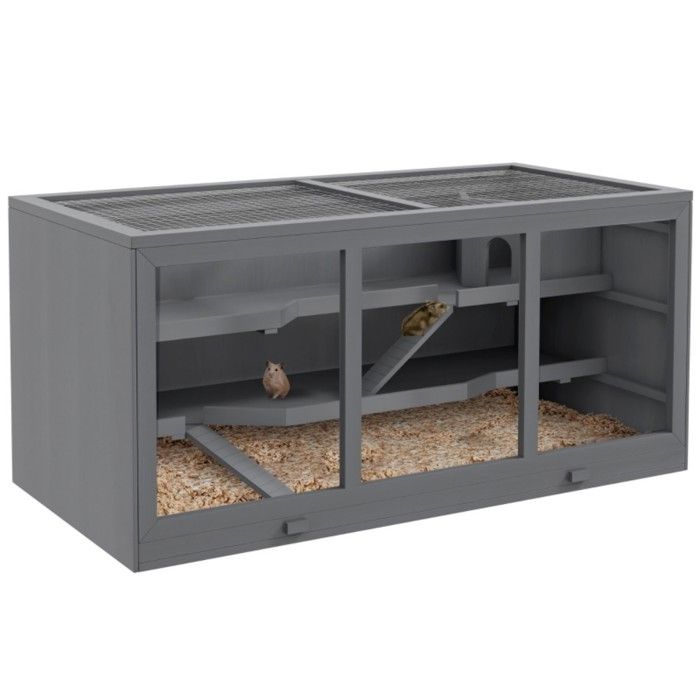Cage rongeurs 3 étages gris 115x57x55cm - Hamster nain souris clapier bois avec escalier villa petit animal