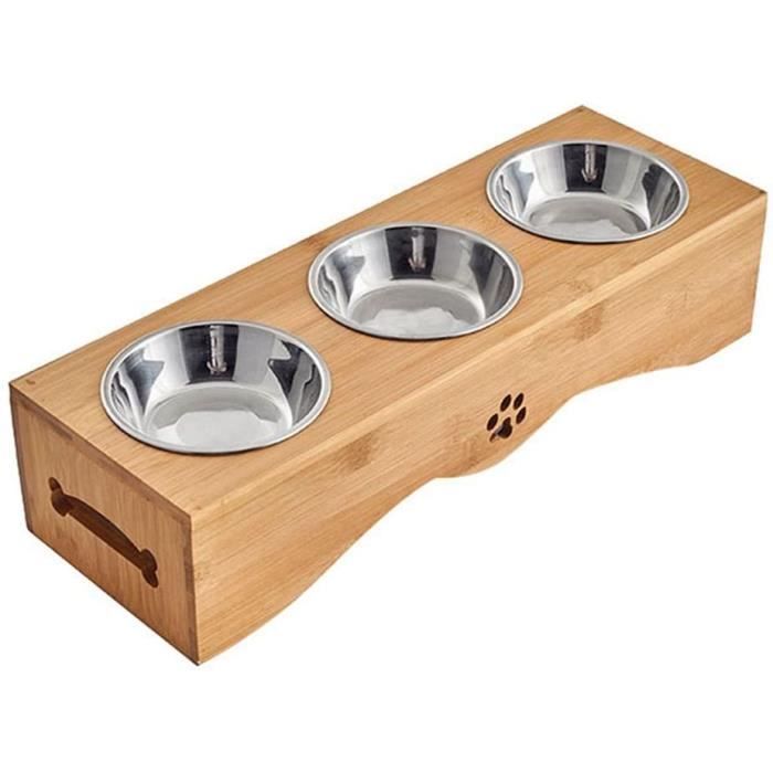 Gamelle pour Chien Chat - WOVTE Nourriture Eau Gamelles Support Bambou pour Animal Domestique Triple Bols - Acier Inoxydable
