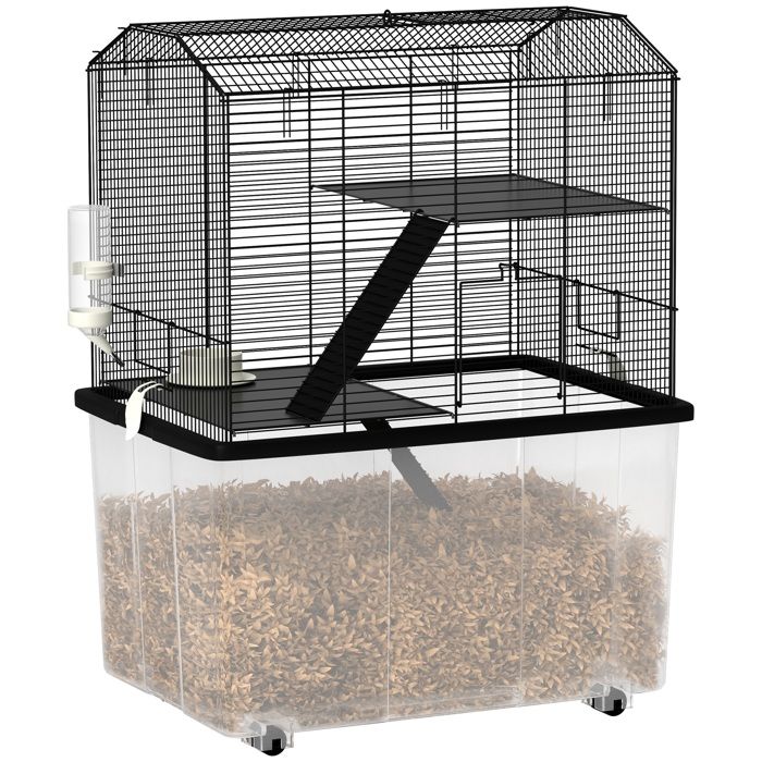 Cage hamster - PawHut - 3 étages - avec roulettes plate-forme et échelle - en fil dacier - 57 x 43 x 74 cm - noir