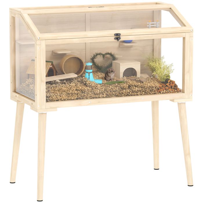 Cage hamster - PawHut - toit ouvrable 7 plateformes 2 balançoires bouteille deau - bois FSC - 110x52x101cm - effet bois naturel