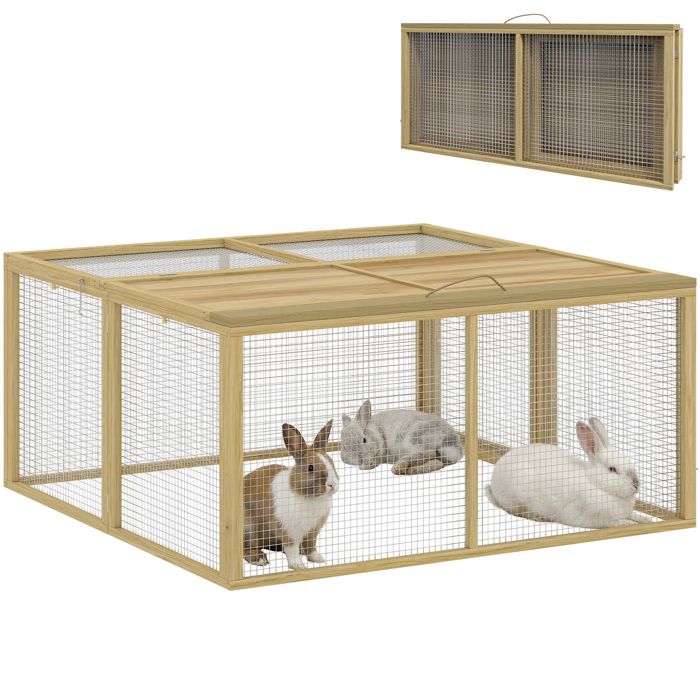 Enclos lapin extérieur - cage lapin intérieur - PawHut - pliable toit ouvrant total poignée 144㎡ - bois - 120x120x57cm - naturel