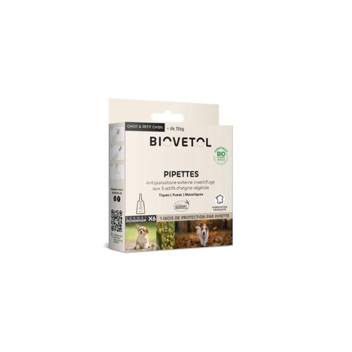 Pipettes Antiparasitaires Chien - Bio Certifié Ecocert - Anti-puces Anti-Tiques - Chiot & Petit Chien (- de 15kg) - 6 x 15 ML