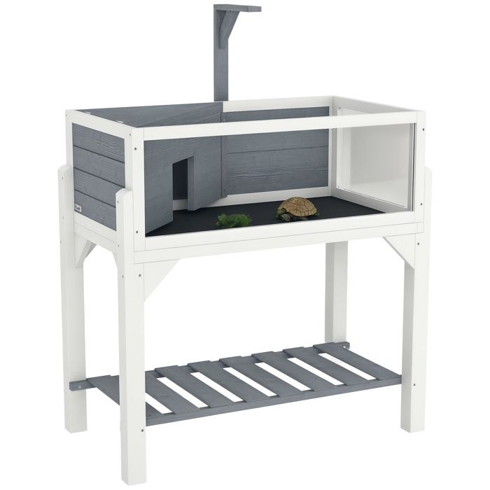 Maison pour tortue - terrarium tortue terrestre - PawHut - sur pieds 2 zones toit ouvrant et zone interactive - bois - 90 cm - gris