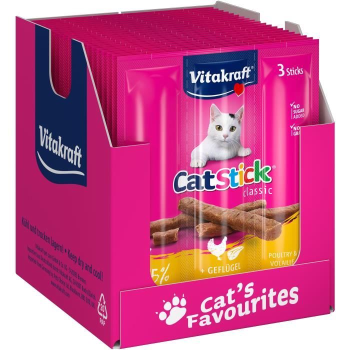 VITAKRAFT Cat Stick mini - Friandise pour chat à la Volaille et au Foie - Sachet fraicheur de 3 sticks
