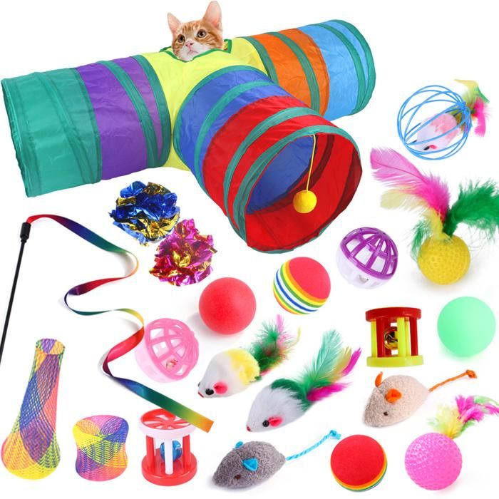 Jouets pour chat - YNKKVRE - Ensemble de 21 pièces - Tunnels pliables - Jouets interactifs en plumes - Noir