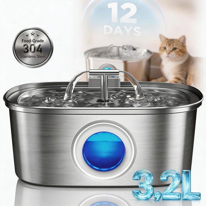 Fontaine a Eau Chat INOX - 32L Silencieuse Distributeur deau Électrique avec fenêtre de Niveau d’Eau Facile à Nettoyer