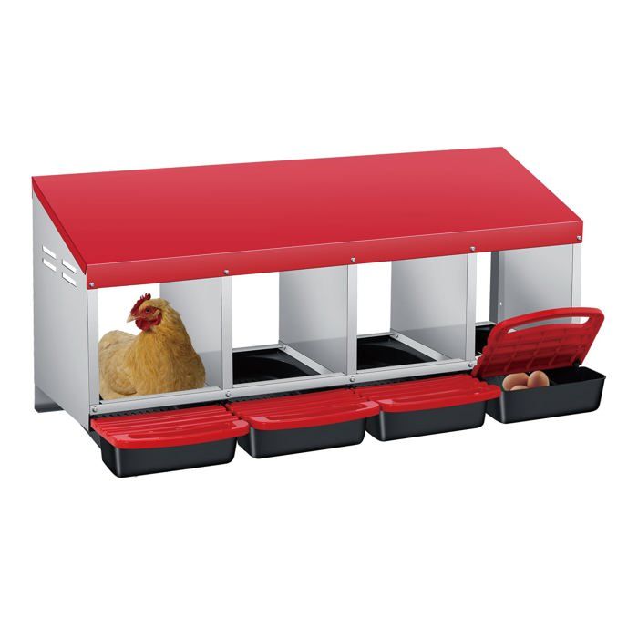 Pondoir pour Poules Nichoirs 4 cases avec perchoir et Quatre bacs de recyclage des œufs- Antirouille /Étanche/ Ventilé - Rouge