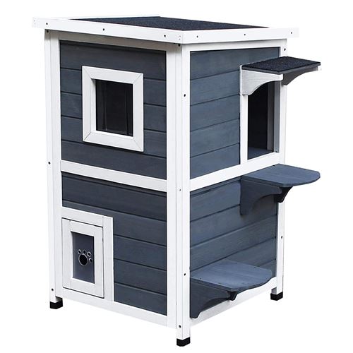 Maisonnette pour chat sur pied 2 niveaux - toit ouvrant bitumé - bois sapin pré-huilé peint gris blanc
