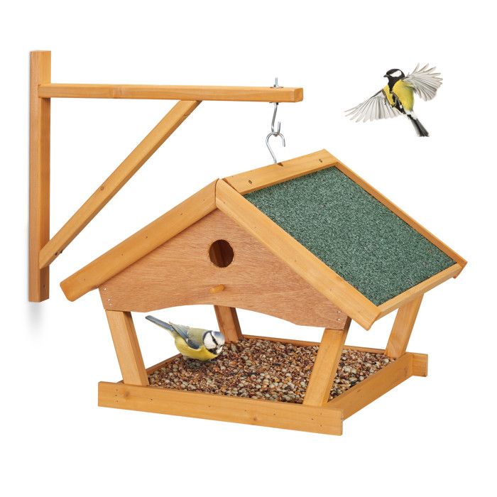 Relaxdays Mangeoire pour oiseaux en bois à suspendre HLP: 35x425x405 cm jardin distributeur de nourriture nature