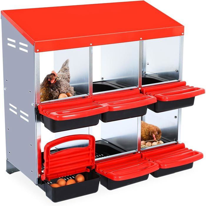 Boîte à Nid pour Poules Coop pour 6 Poules Pondeuses Boîte à Nid à 6 Compartiments Cage à Poules en Acier，Rouge