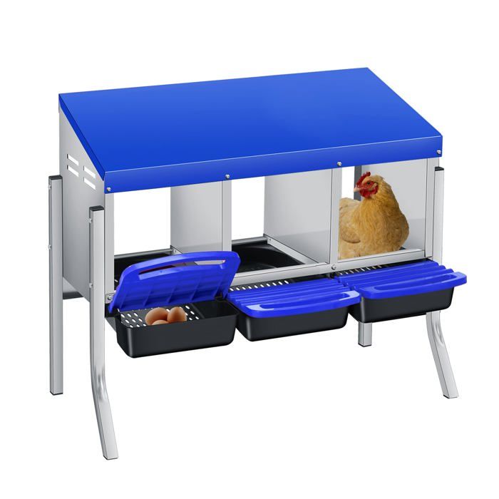 Pondoir pour Poules Nichoirs sur pied 3 cases avec perchoir antirouille et Triple bac de recyclage des œufs-Bleu