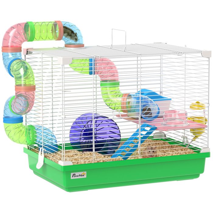 Cage à hamster - PawHut - 2 niveaux avec poignée - avec tunnel biberon eau roue maisonnette échelles - vert