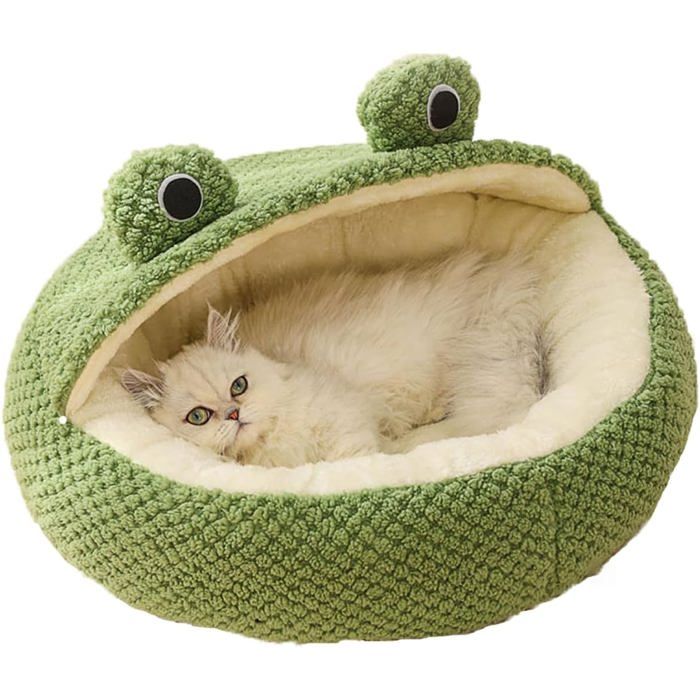 Maison DIntéRieur pour Chat Couchage Anti Stress Grotte en Forme de Grenouille Chaude et Douce avec Fond AntidéRapant (S-40cm)