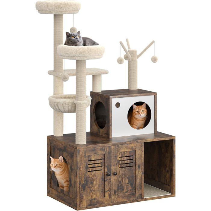 Meuble Litière en Bois Multiniveaux Poteaux à Gratter Panier Baguette Jouet Perchoir - Armoire de Toilettes pour Chat Marron