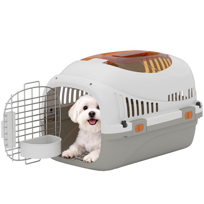 Caisse de transport - PawHut - pour chats et petits chiens jusquà 4 kg - porte acier bol de nourriture - PP - 49x32x31cm - gris