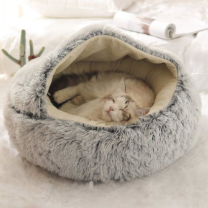 Lit Rond Moelleux pour Chat - en Peluche Douce - avec Capuche - pour lhiver - Antidérapant - Lavable en MachinGris40 cm