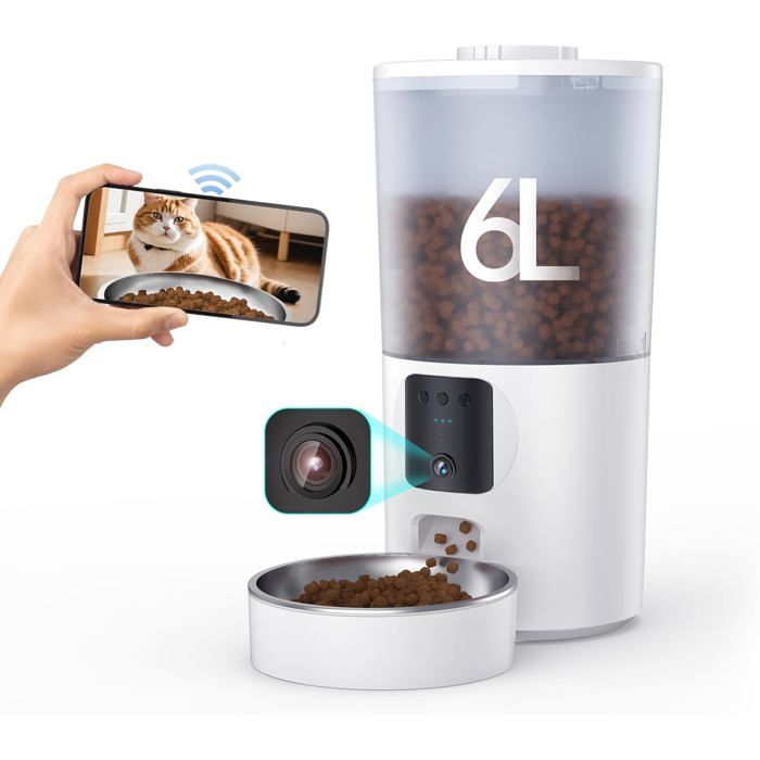 Distributeur Croquettes Chat Automatique 6L WiFi Caméra HD 1080P Bol Inox Portions Programmables Batterie Secours