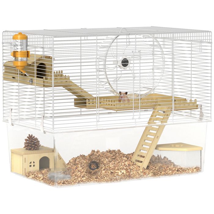 Cage à hamster - PawHut - à 3 niveaux - avec roue dexercice plateau transparent cabanes rampes - 59 x 355 x 47 cm - blanc
