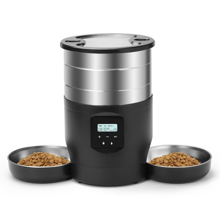 Distributeur Croquettes pour chat avec 2 gamelles - Gamelle électronique en acier inoxydable - 45 L pour petits et moyens animaux