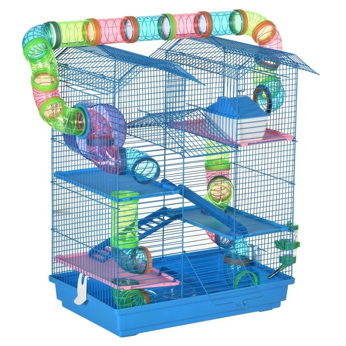 Cage pour hamster - PawHut - ronron rongeur tunnel mangeoire roue jouet centre dactivités - plastique métal - 47x30x59cm - bleu