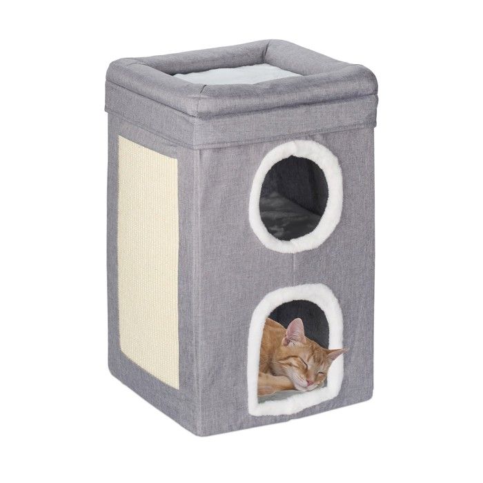 Relaxdays Niche pour chat 2 trous et surface maison pliable avec griffoir HLP : 63 x 40 x 40 cm gris/blanc