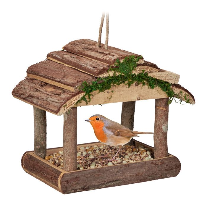 Relaxdays Mangeoire pour oiseaux en bois à suspendre HLP 19 x 22 x 165 cm jardin distributeur de nourriture nature