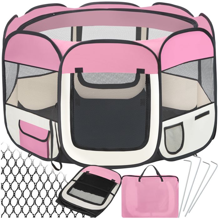 PARC - TECTAKE - Parc pour Chien Chat Pliable 115 cm x 115 cm x 64 cm + 1 Housse de Transport - Rose