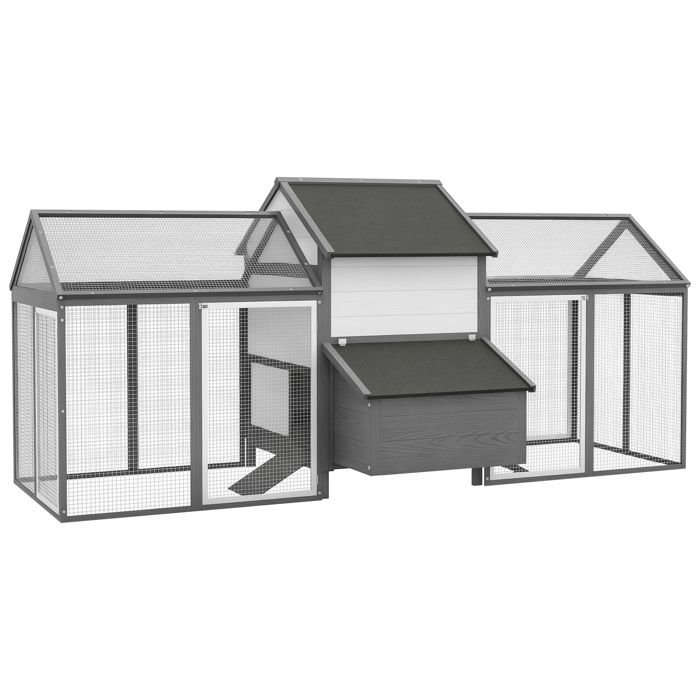 Poulailler en bois - PawHut - 2 enclos modulables niche abritée pondoir tiroir déjection perchoir rampe - 247x118x113cm - gris