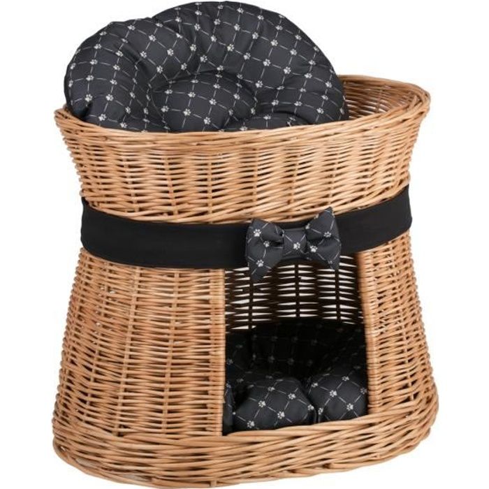 Panier chat en osier naturel 2 étages ovale avec 2 coussins noirs motif pattes de chat