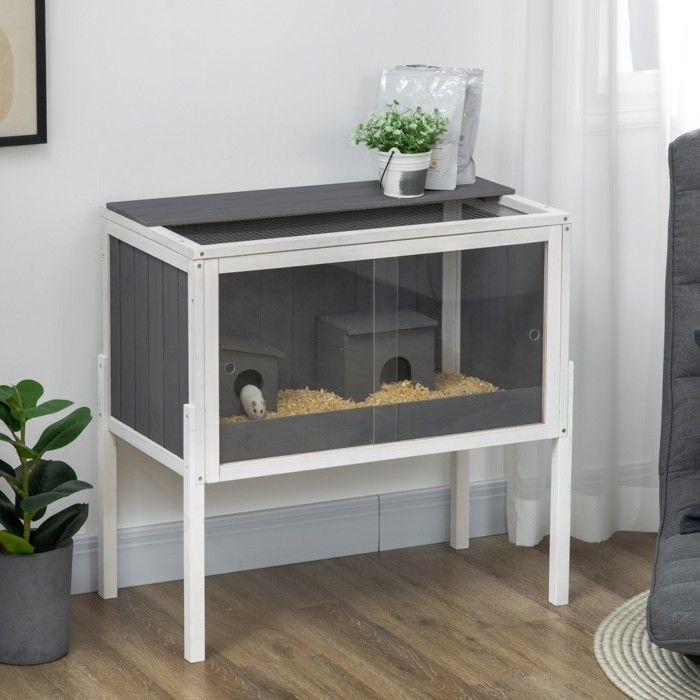 Cage à hamster en bois pour hamsters nains et souris grande cage pour rongeurs avec 2 cabanes et accessoires 82x45x81 cm gris