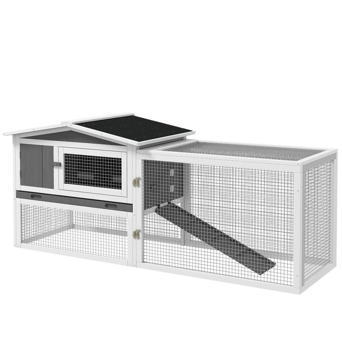 Cage à lapin - PawHut - 2 étages et tiroir déjection - enclos extérieur amovible toit ouvrant - bois massif pin - 156x58x68cm - gris