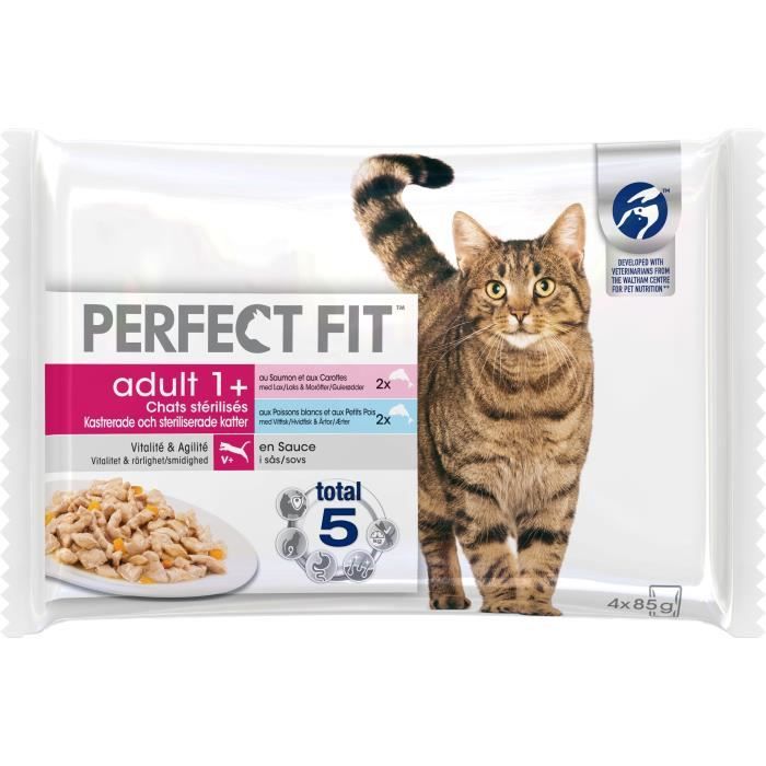 PERFECT FIT Sachets fraîcheur en sauce - Aux poissons - Pour chat stérilisé - 4 x 85 g
