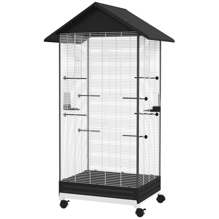 Cage oiseau sur pied volière oiseaux intérieure sur roulettes 2 mangeoires 8 perchoirs 79 x 65 x 155 cm fil dacier noir