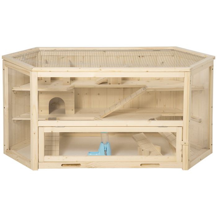 Cage à hamster - PawHut - 3 niveaux - bascules fenêtres bouteille deau cabanes toit articulé - 115x60x55 cm - effet bois naturel