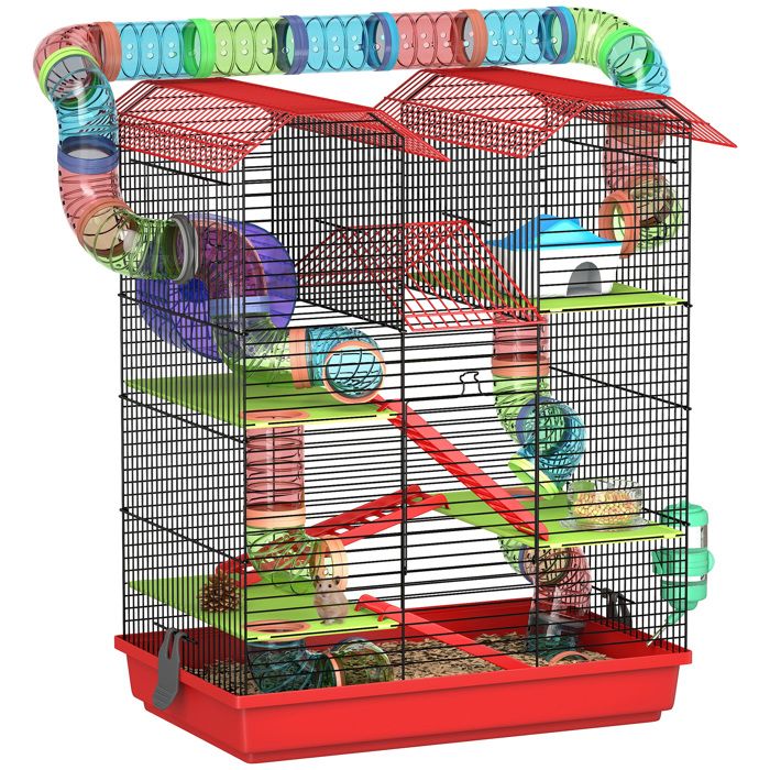 Cage pour hamster - PawHut - avec tunnel mangeoire roue jouet - pour souris petit animaux rongeur - 47 x 30 x 59 cm - rouge