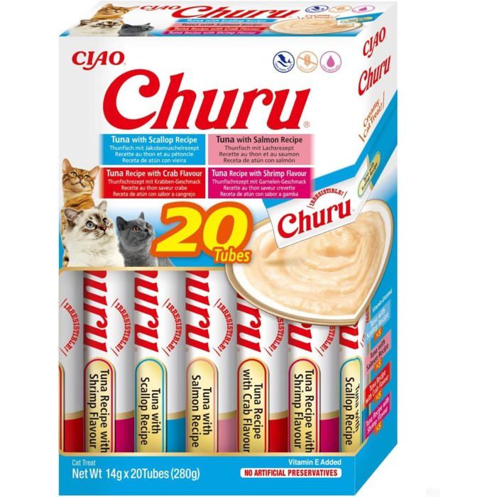 Friandises pour Chats - YUMI MAZAO - INABA Churu - Fruits de Mer & Thon - Texture Lisse - 20 Tubes