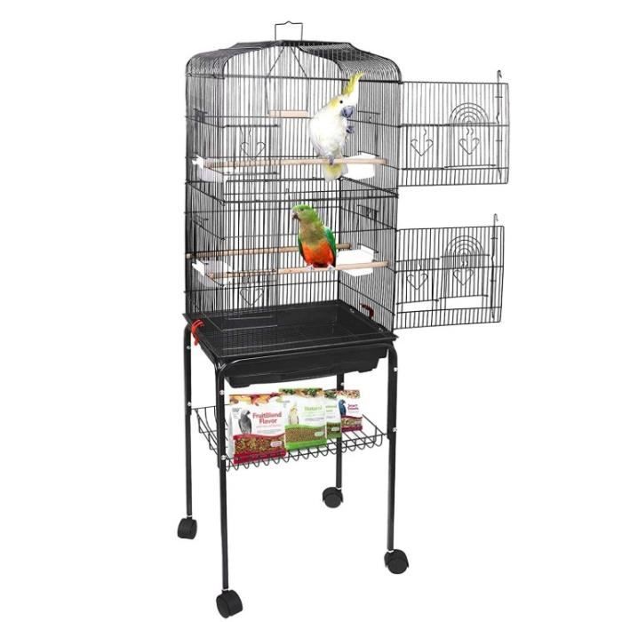 Cage à Oiseaux - Portable - Grande Volière - Perruche - Support Détachable - Roulettes - Noir