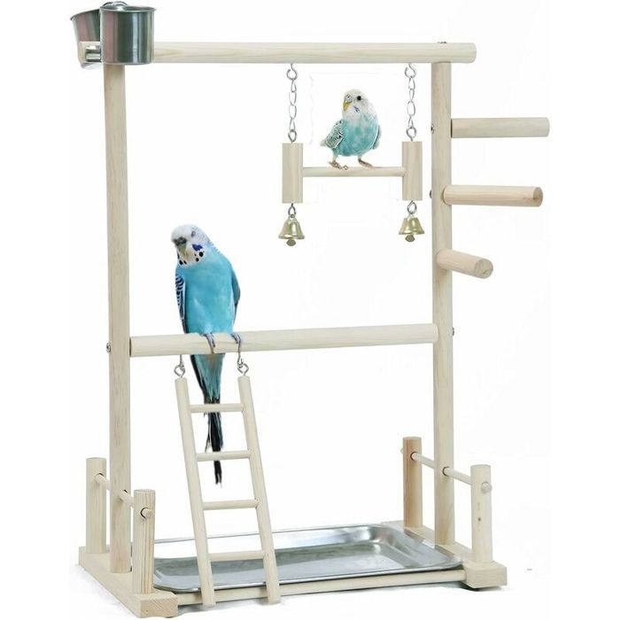 Perchoir et Aire de Jeu en Bois pour Perroquets (36x23x53 cm) Accessoire de Cage avec Échelles et Mangeoires .